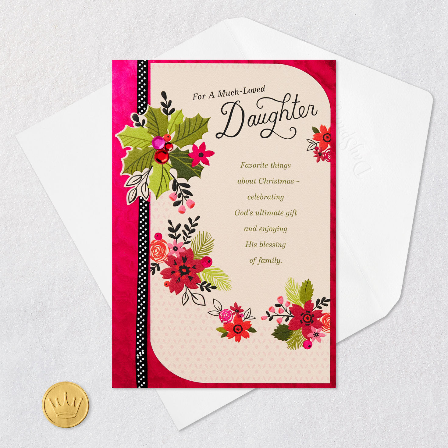 Poinsettia Religious Christmas Card for Daughter Card Front with Envelope and Gold Seal image number 6