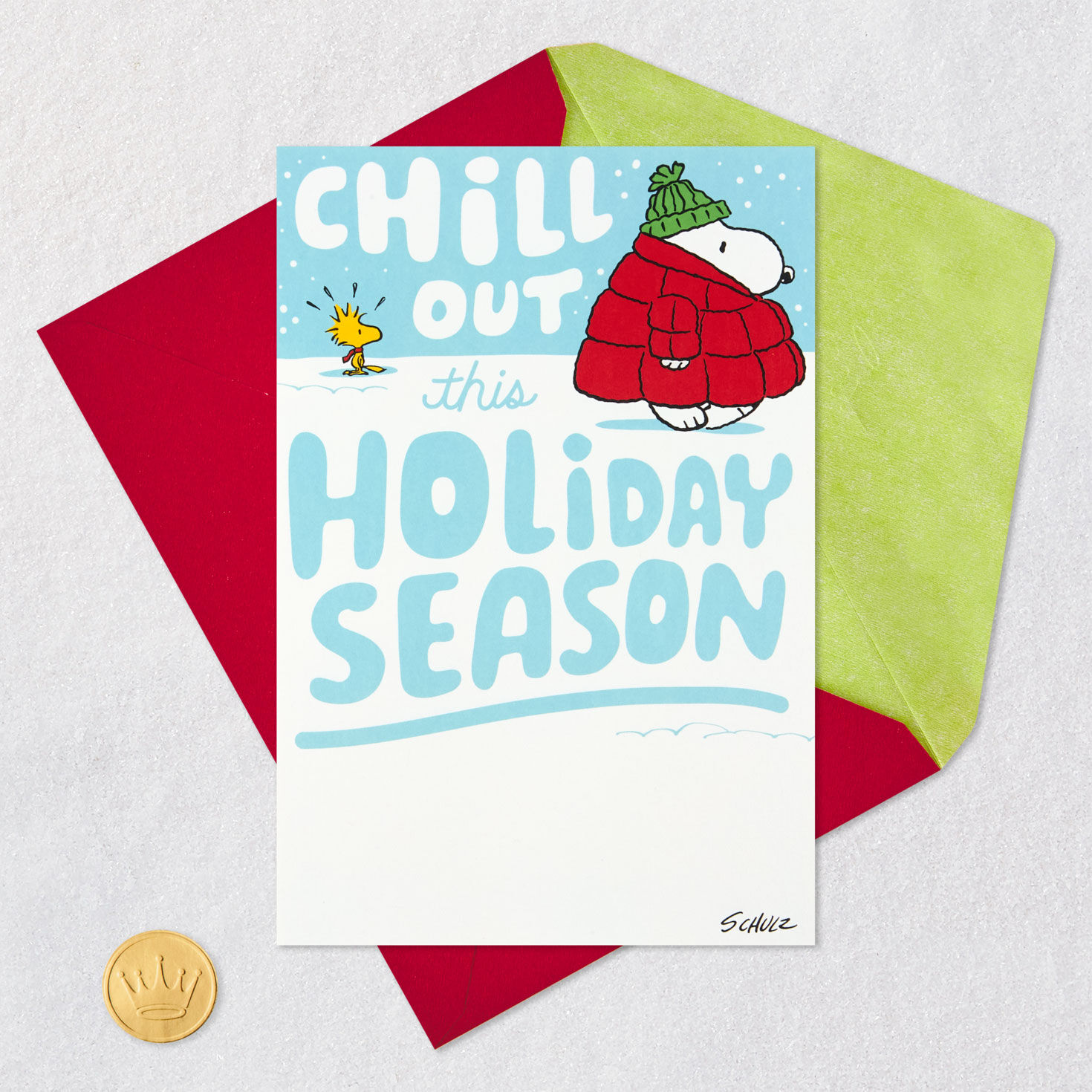 Snoopy and Woodstock in Snow Christmas Card Card Front with Envelope and Gold Seal image number 5