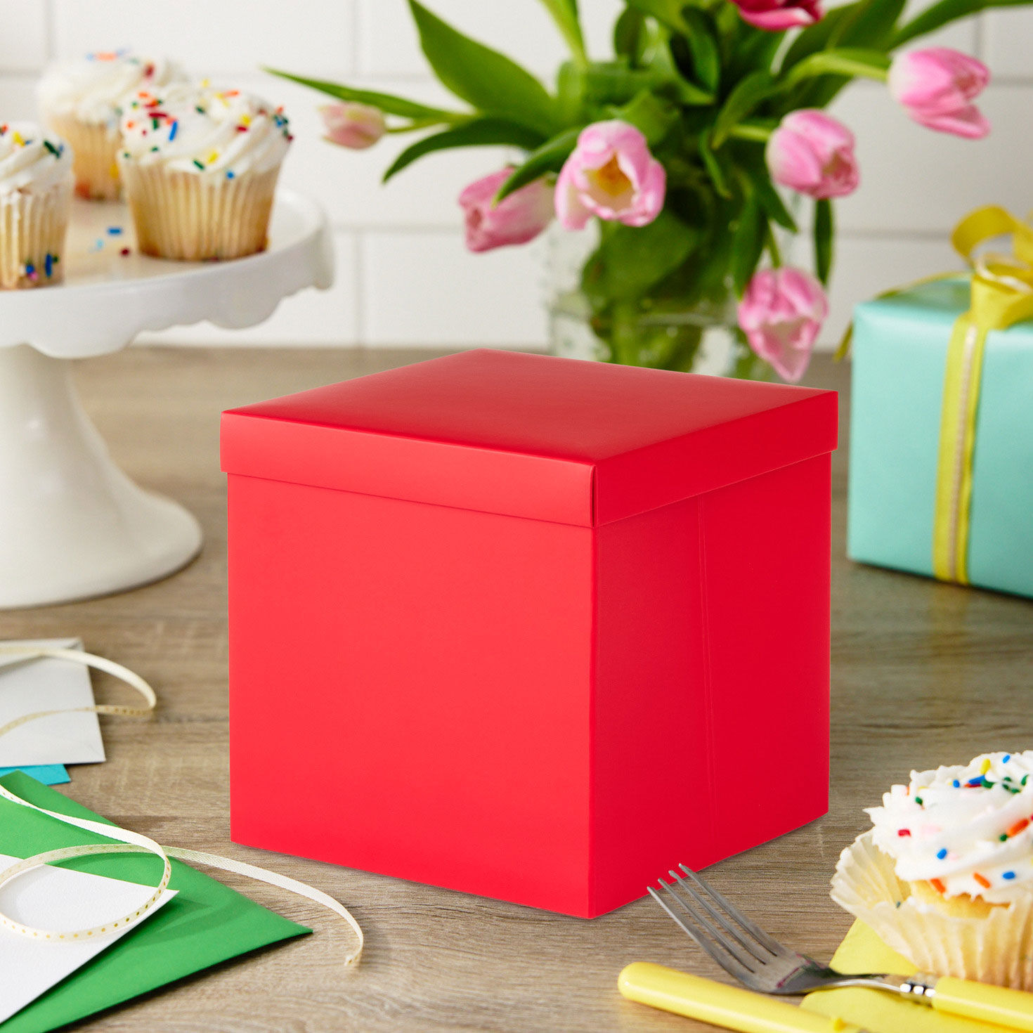 Solid Red Large Square Gift Box with Lid in use image number 2