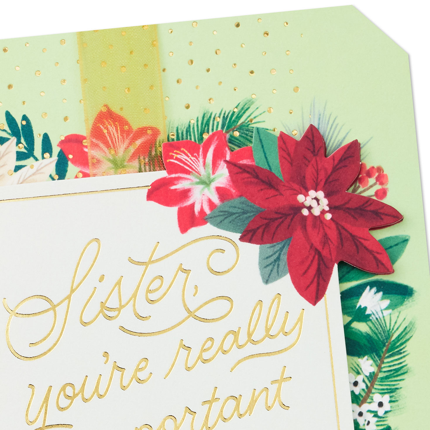 Poinsettia Floral Green Christmas Card for Sister Card Front Detail image number 5