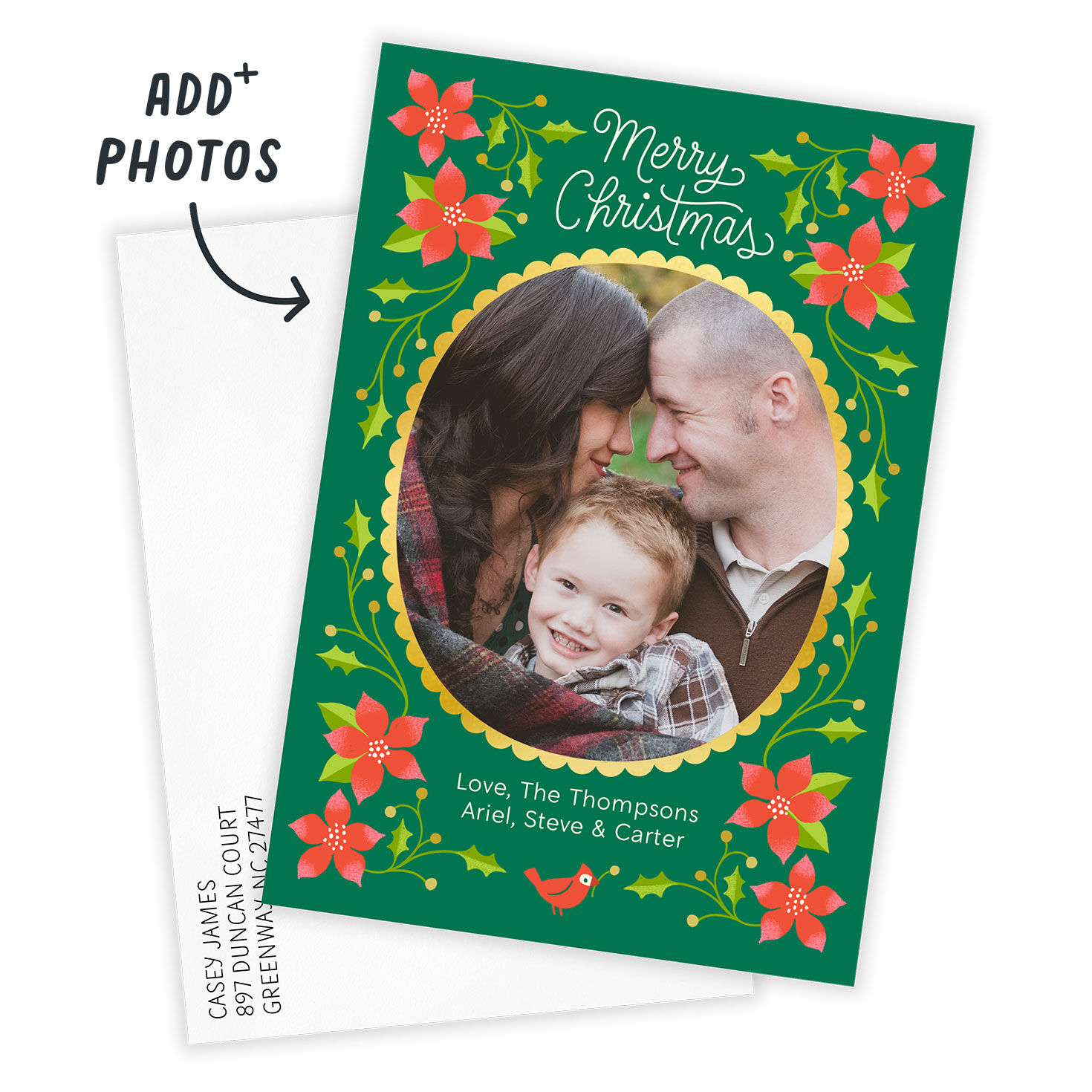 Poinsettia Frame Personalized Christmas Photo Card Card Front indicating personalization image number 2
