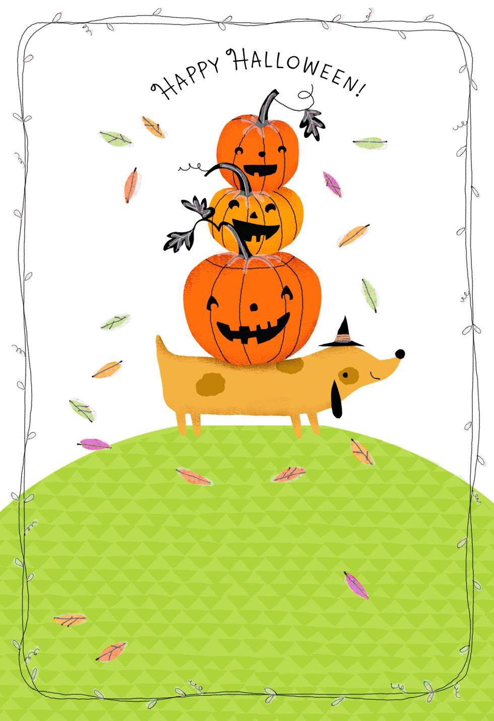 Jack-o'-Lanterns and Dog Halloween Card