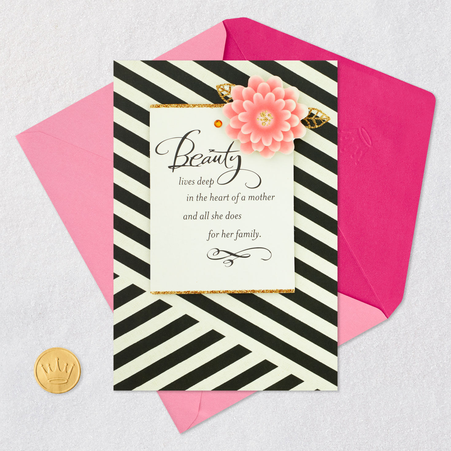 Pink Flower and Black-and-White Stripes Card for Mom Card Front with Envelope and Gold Seal image number 6