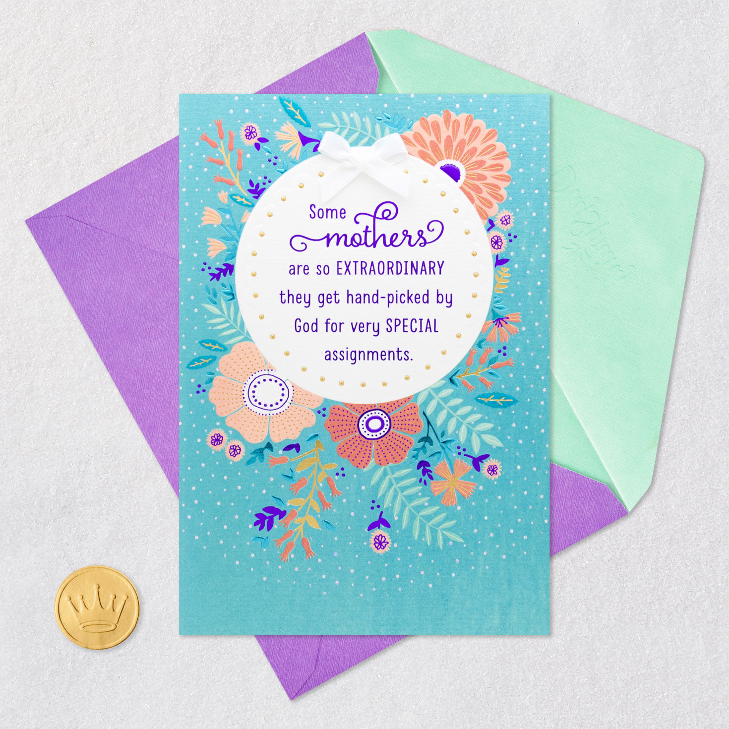 Flowers on Blue Religious Mother's Day Card for Mom Card Front with Envelope and Gold Seal image number 6