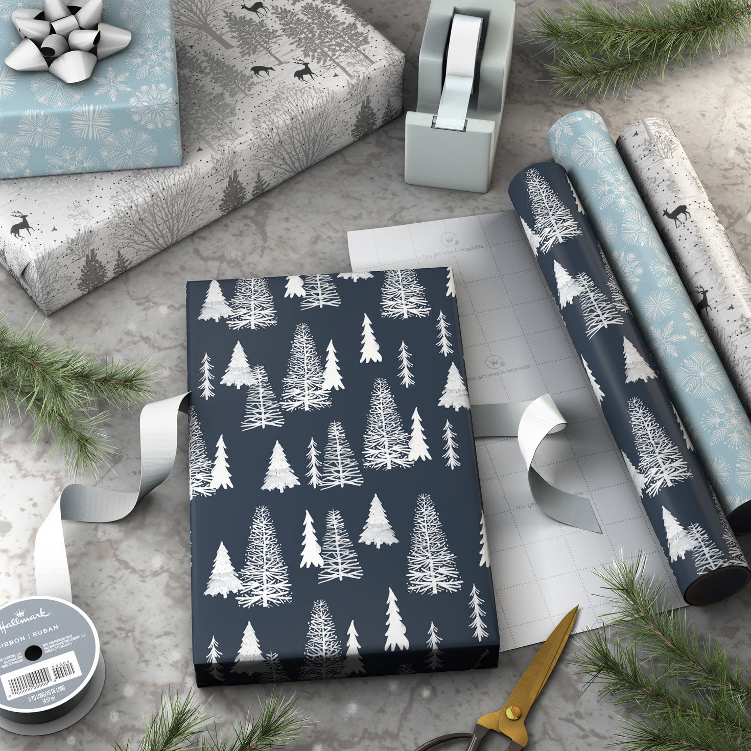 Blue Winter Trees 3-Pack Mini Xmas Gift Wrap Rolls Wrapped pkg image number 3