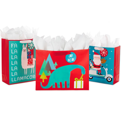 13" and 15.5" Assorted Kids 3-Pack Christmas Gift Bags With Tissue Paper, 
