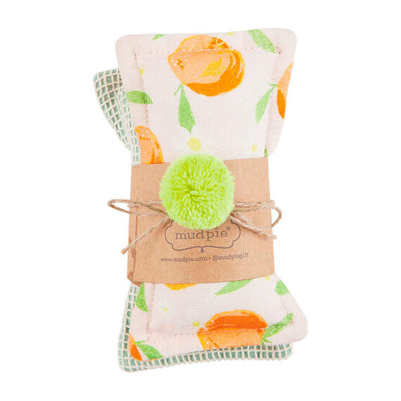 Mud Pie Peach Print and Green Fabric Covered Sponges, Set of 2