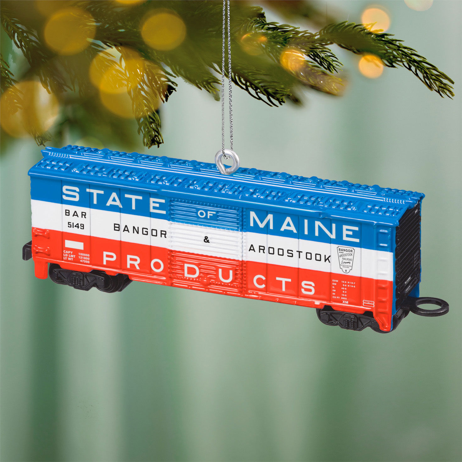 Red White Blue Train Boxcar Keepsake Ornament hanging on tree image number 2
