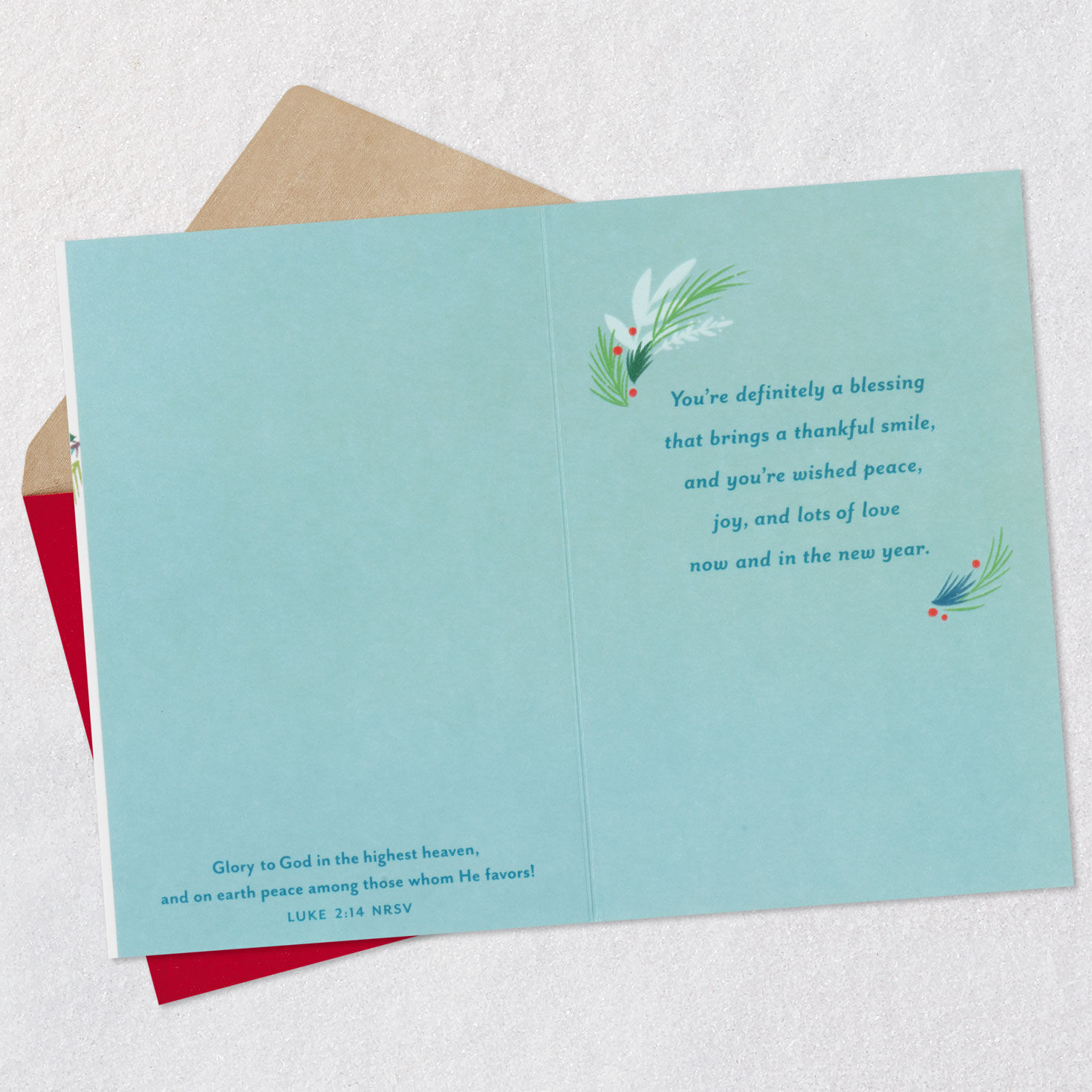 Evergreen Wreath Godson Religious Christmas Card Open card with envelope image number 4