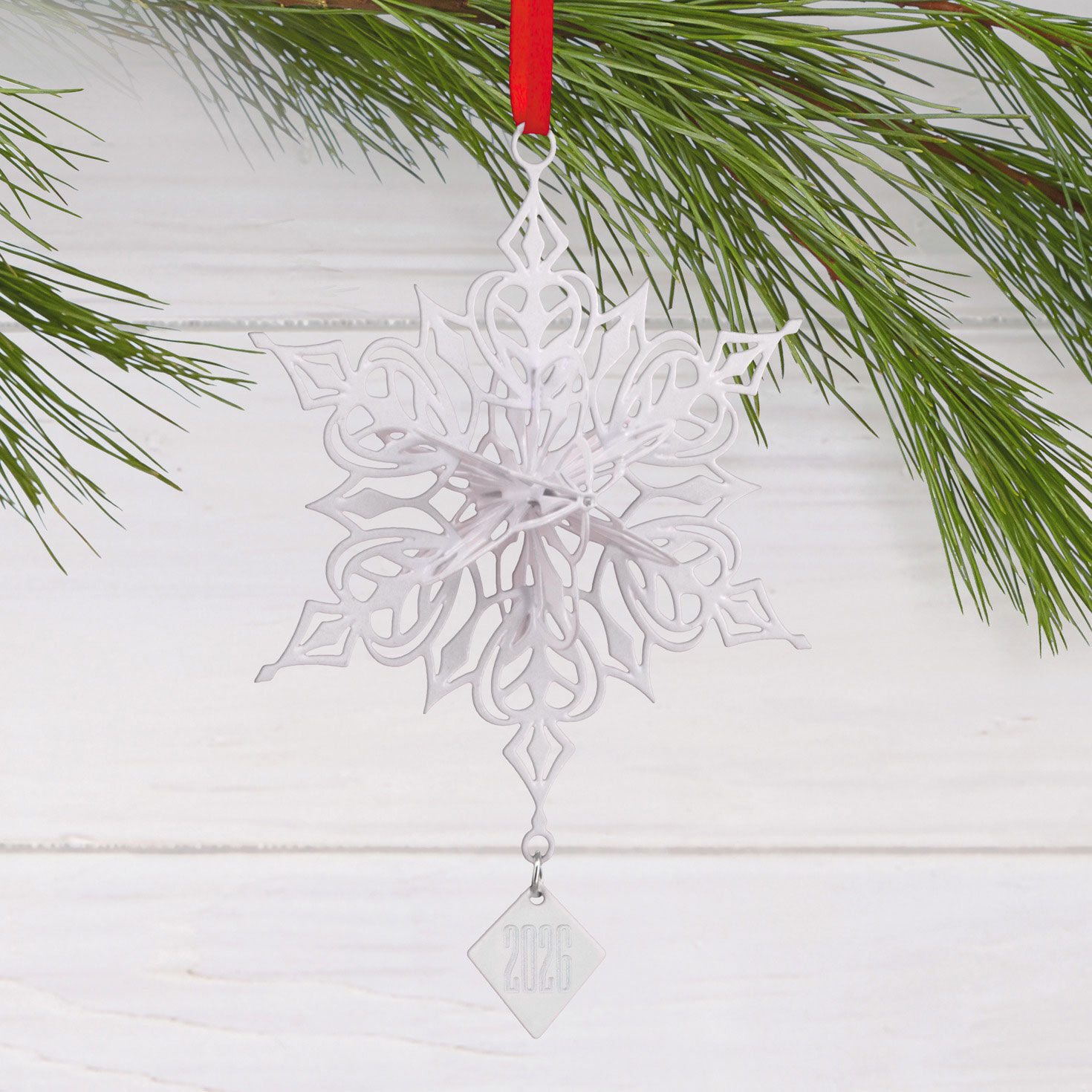 White 3D Snowflake 2026 Charm Christmas Ornament hanging on tree image number 2