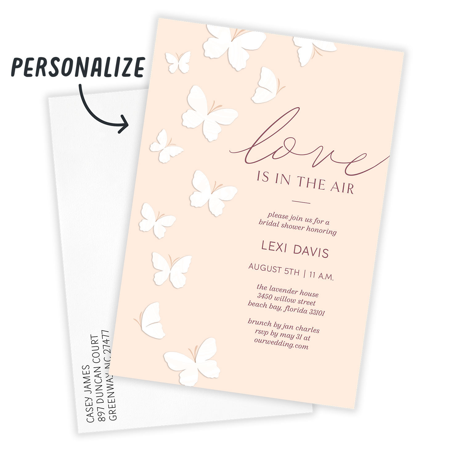 Butterflies on Peach Personalized Shower Invitation Card Front indicating personalization image number 2
