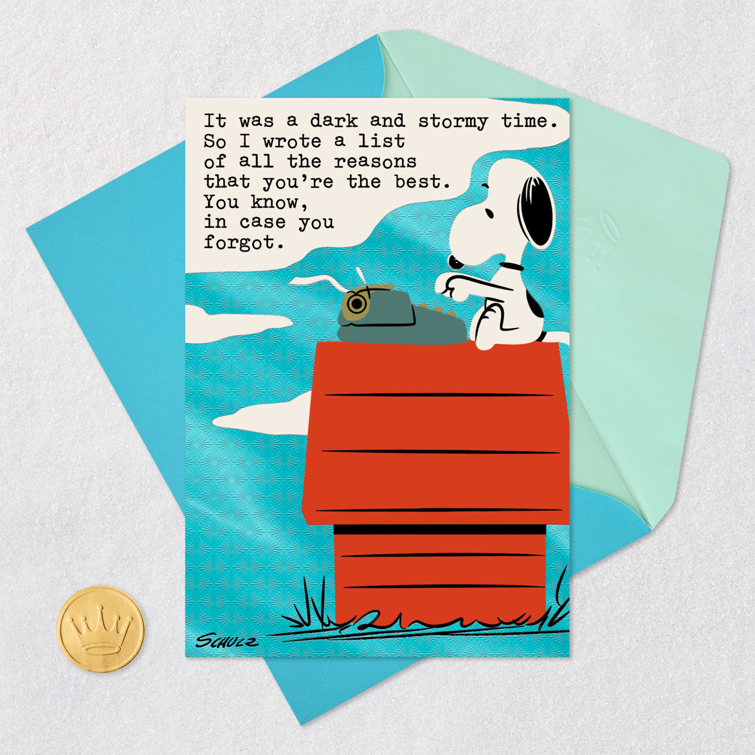 Peanuts Snoopy Typing Thinking of You Card Card Front with Envelope and Gold Seal image number 5