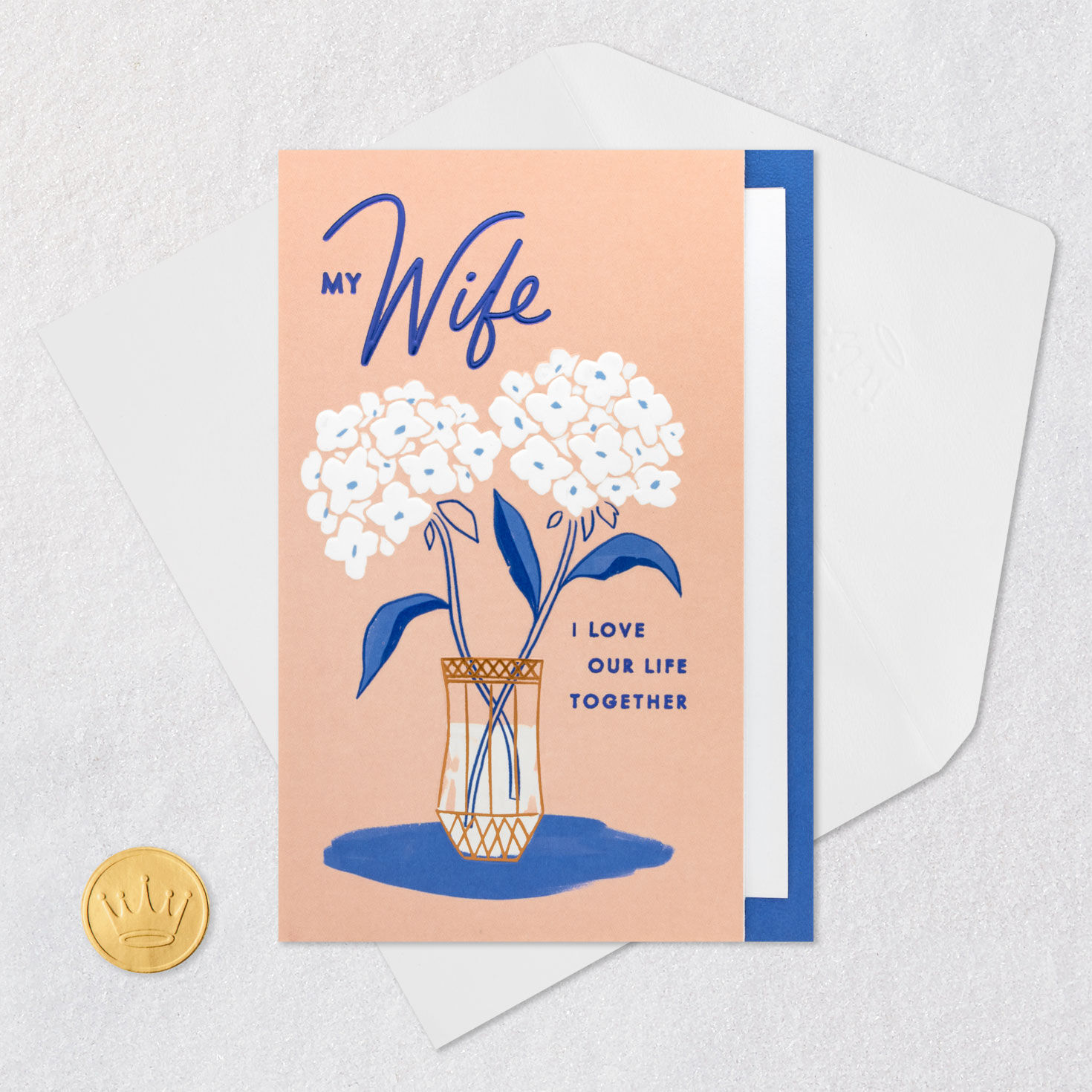 Blue and White Flowers in Vase Wife Anniversary Card Card Front with Envelope and Gold Seal image number 5