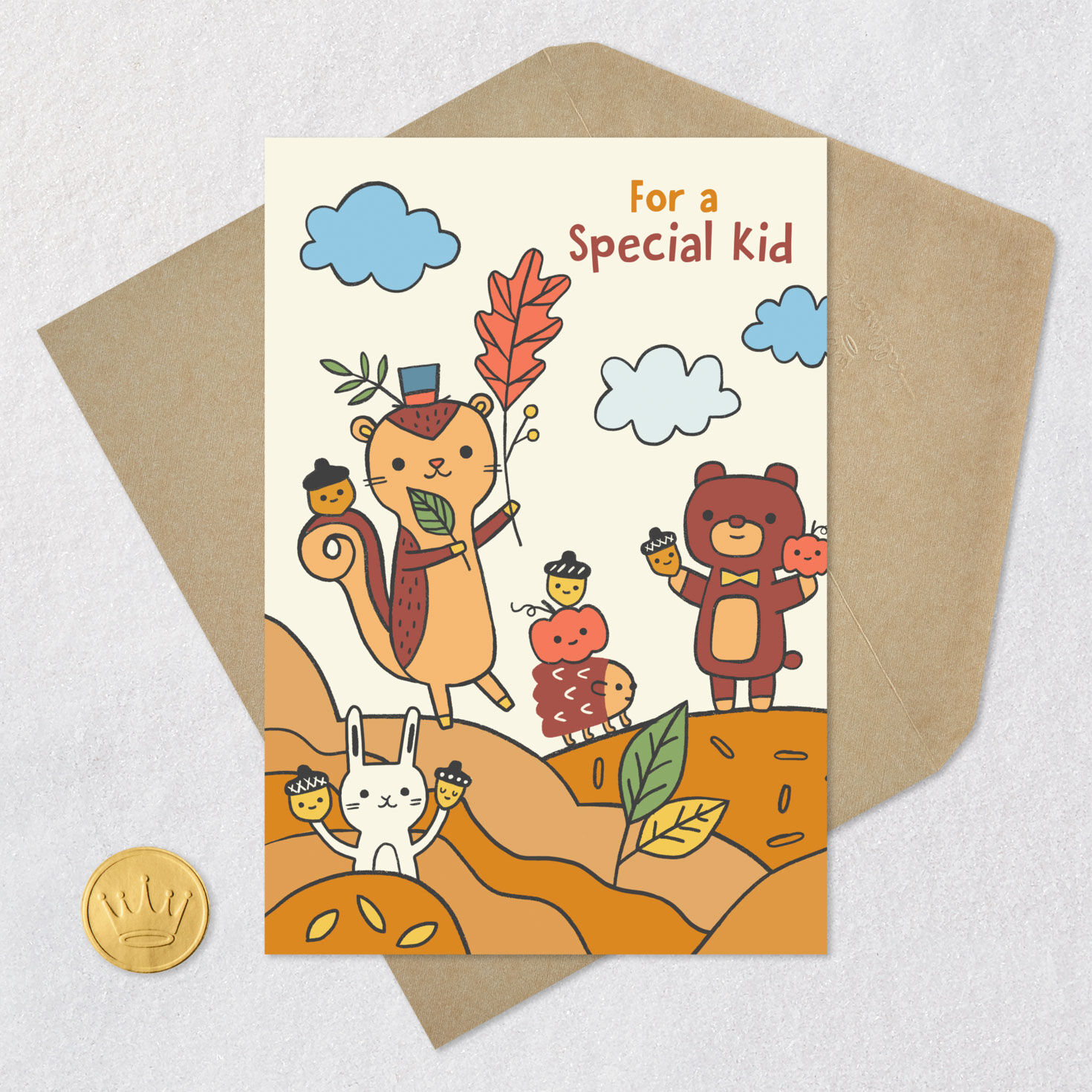 Squirrel and Bear Thanksgiving Card for Kids Card Front with Envelope and Gold Seal image number 5