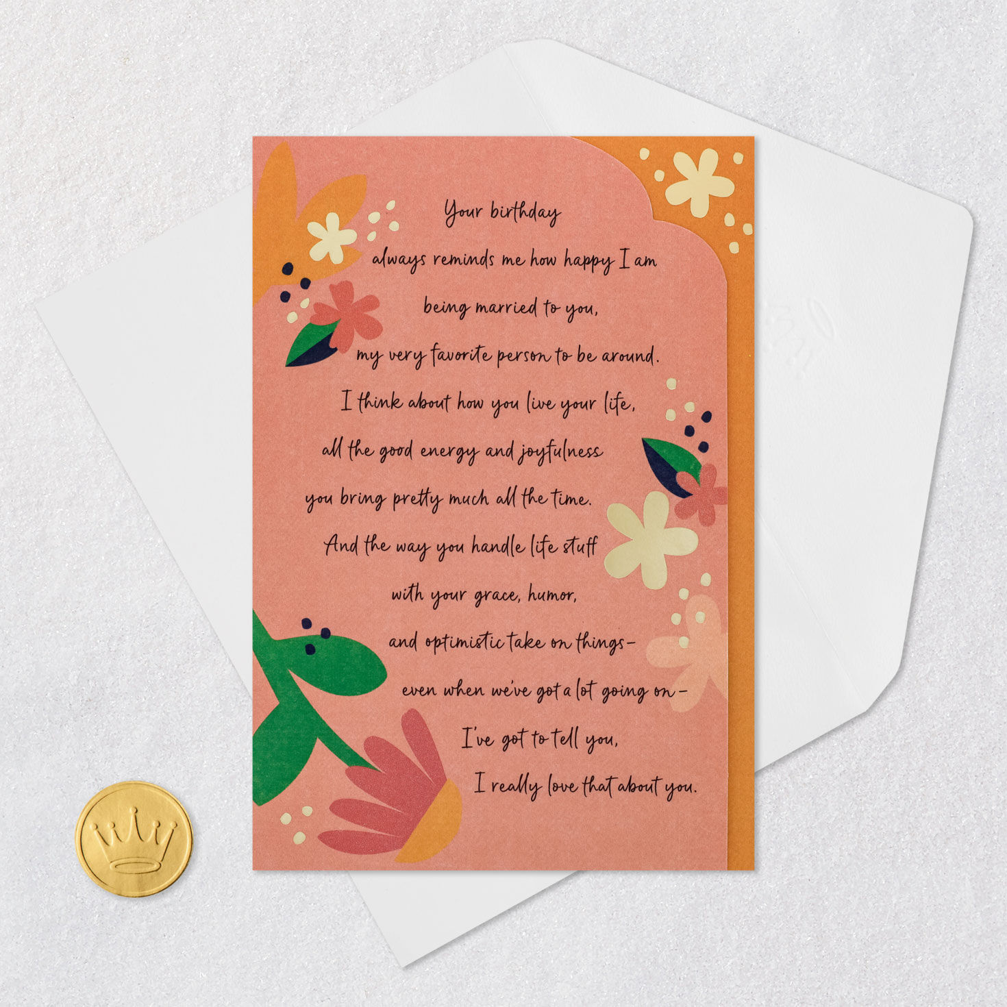 Flowers on Peach Birthday Card for Wife Card Front with Envelope and Gold Seal image number 6
