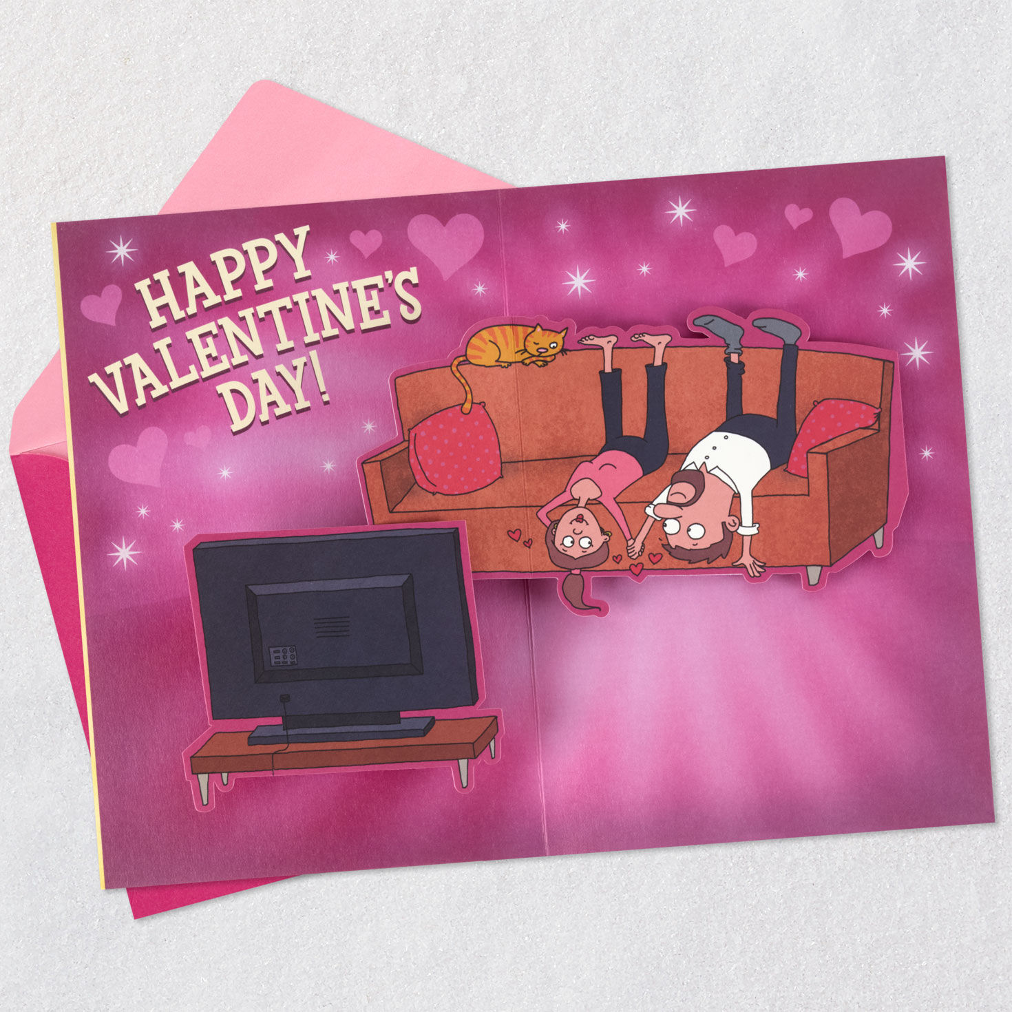 Couple Sitting on Sofa Funny Valentine's Day Card Open card with envelope image number 3