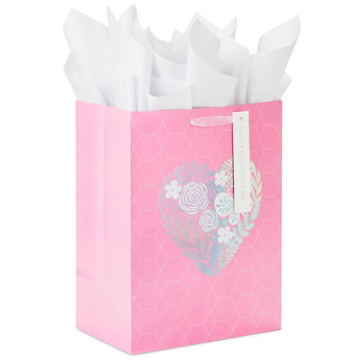 17" Pink Floral Heart XL Mother's Day Gift Bag With Tissue, 