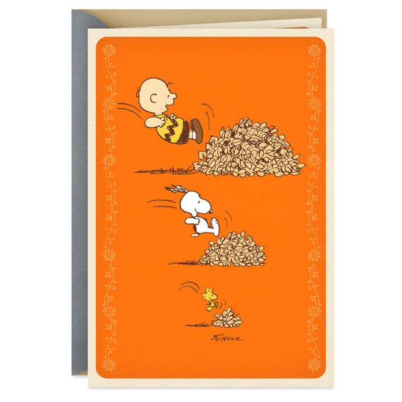 Peanuts® Charlie Brown Jumping in Leaves Thanksgiving Card, , large image number 1