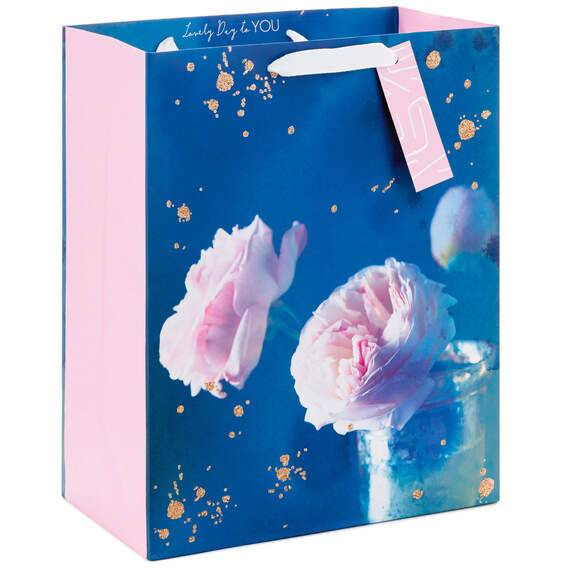 13" Pink Peonies on Blue Large Gift Bag