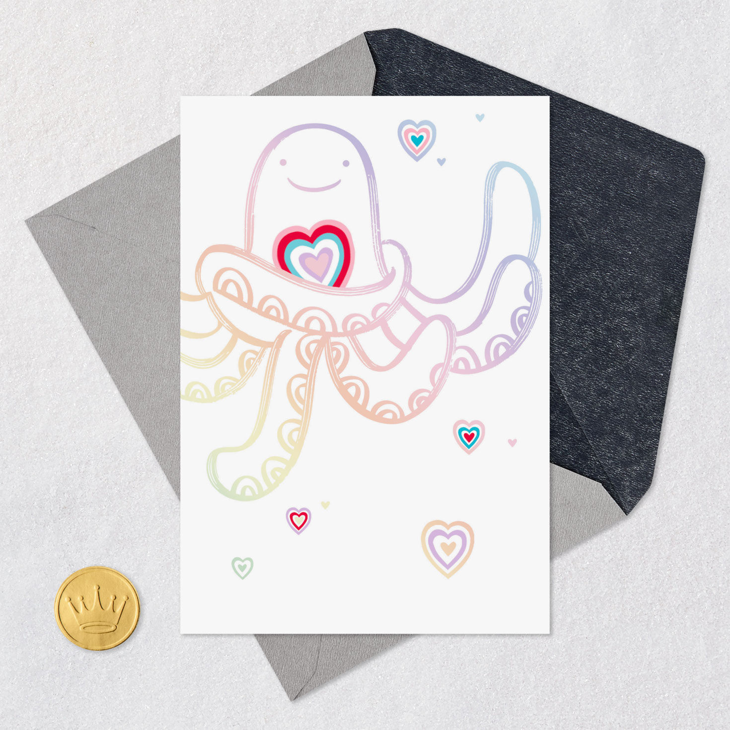 Holographic Foil Octopus Cartoon Valentine's Day Card Card Front with Envelope and Gold Seal image number 6
