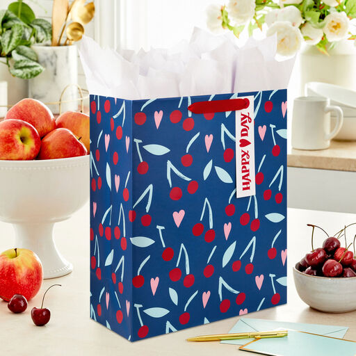 13" Hearts and Cherries Large Valentine's Day Gift Bag, 