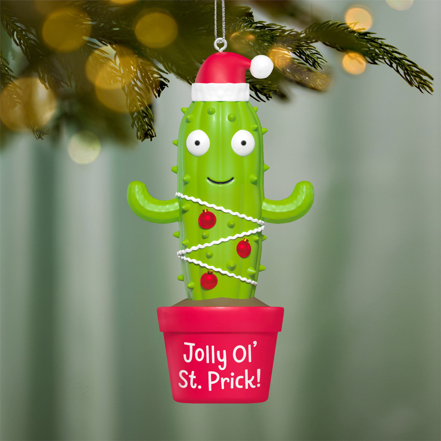 Jolly Cactus in Pot Keepsake Ornament hanging on tree image number 2