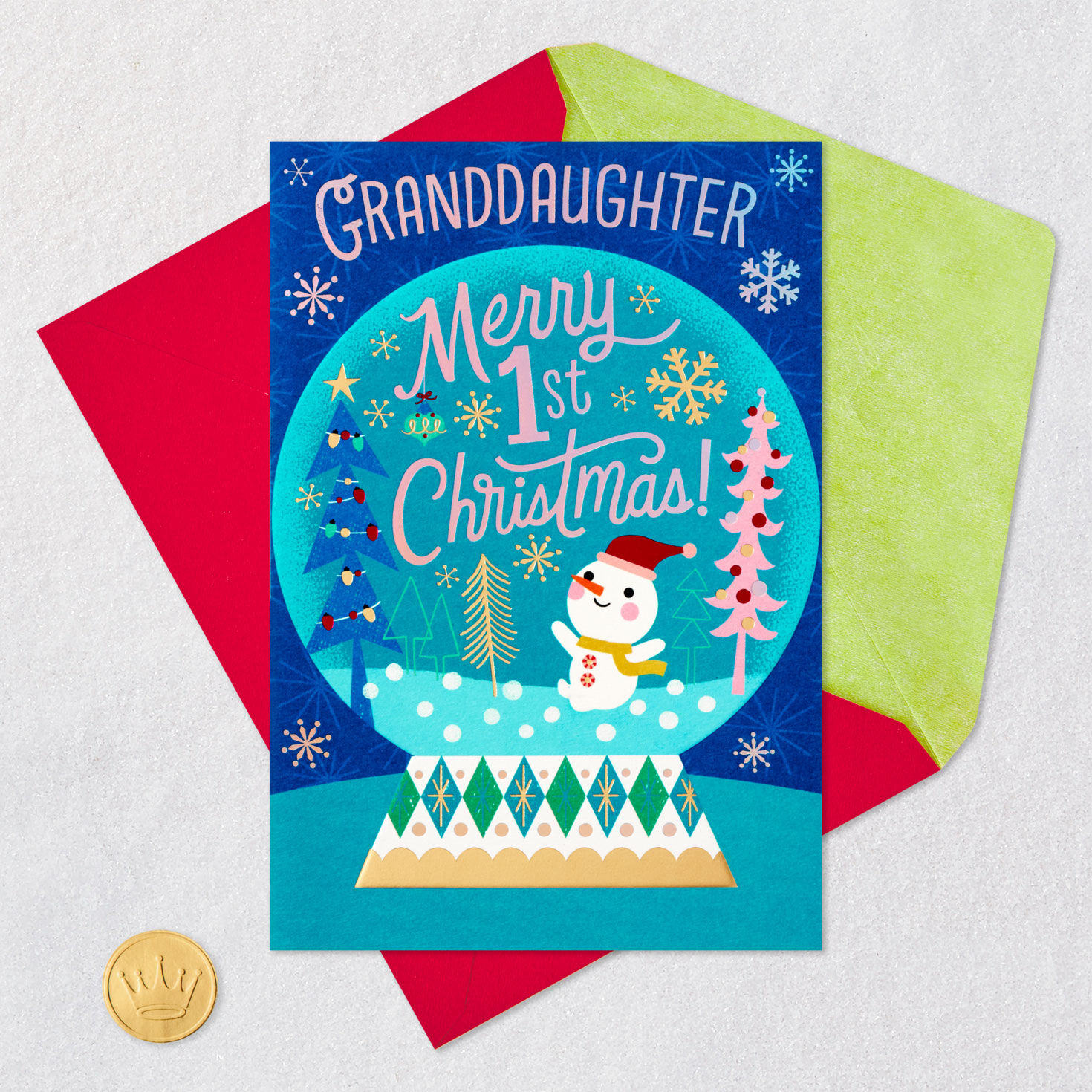 Snowglobe Baby's First Christmas Card for Granddaughter Card Front with Envelope and Gold Seal image number 5