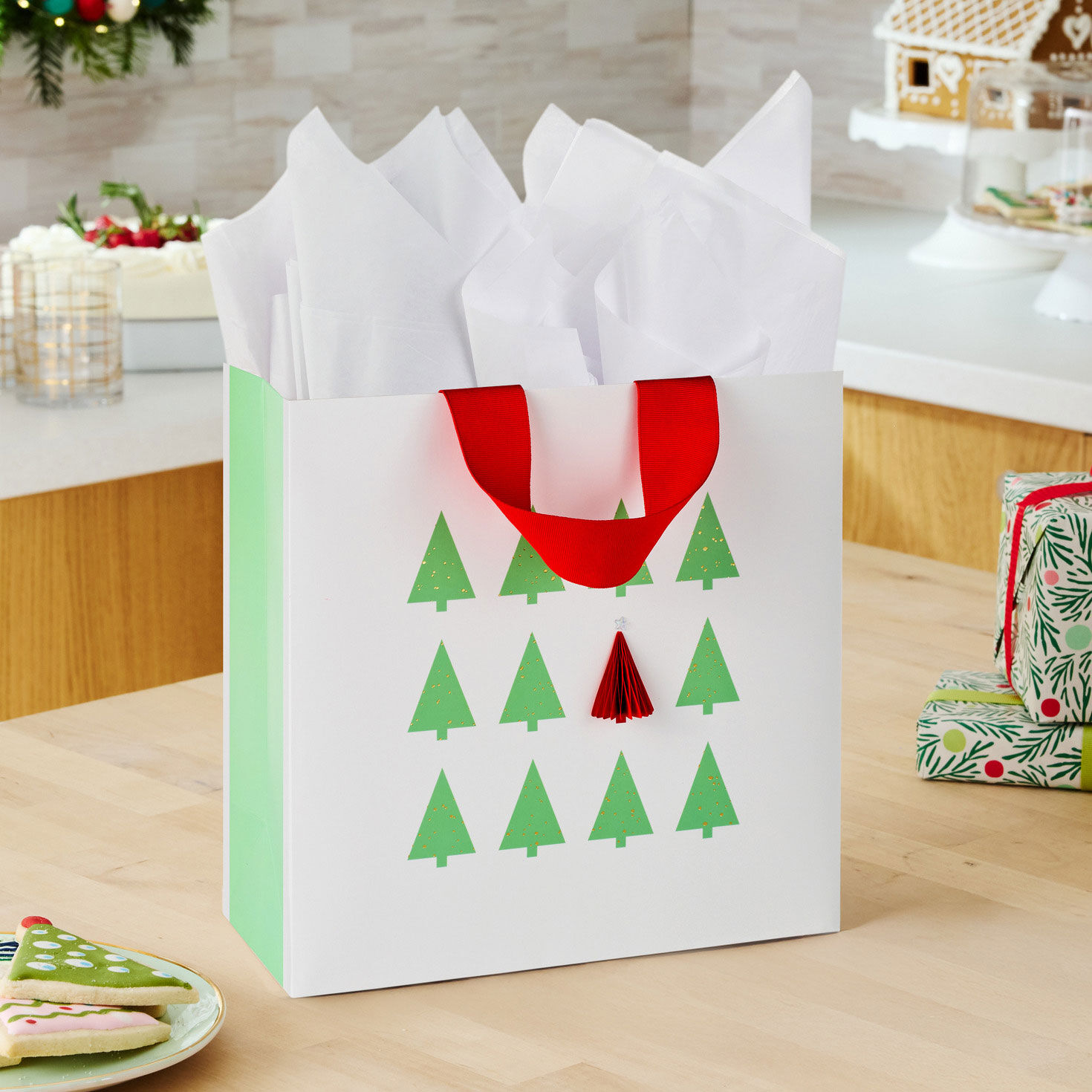 Green and Red Trees on White Square Holiday Gift Bag in use image number 2