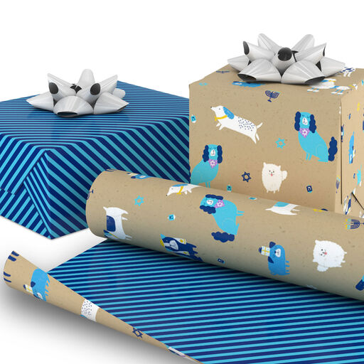 Dogs on Kraft/Blue Diagonal Stripes Reversible Hanukkah Wrapping Paper, 35 sq. ft., 
