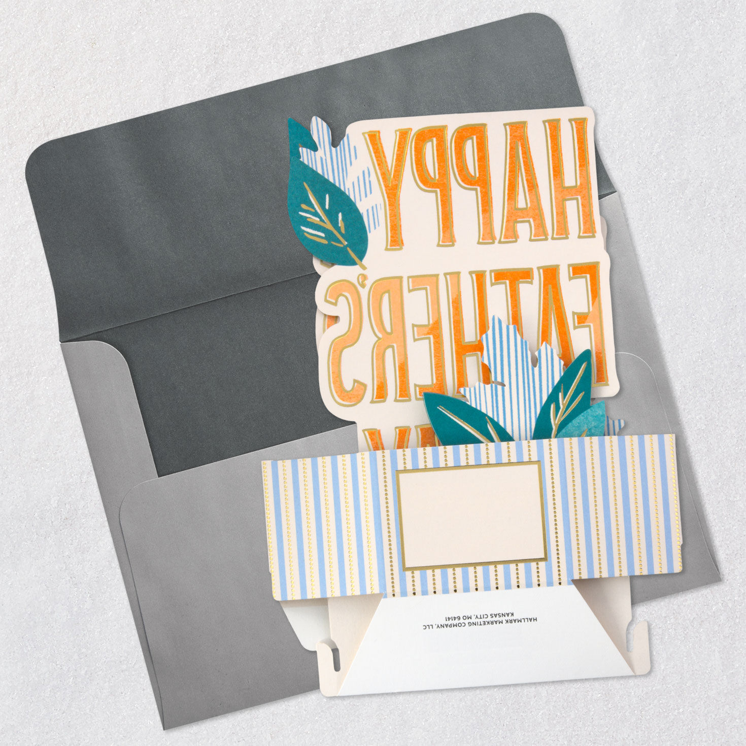 Blue Stripes with Leaves Pop-up Father's Day Card Open card with envelope image number 3
