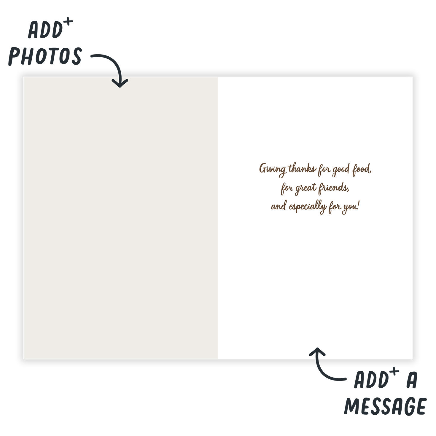 Faded White Frame Personalized Friendsgiving Card Open Card indicating personalization image number 3