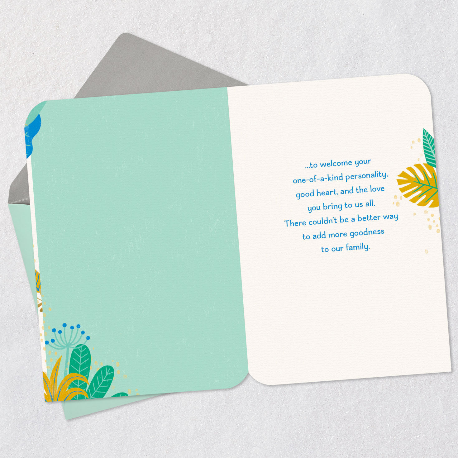 Tropical Leaves Welcome to the Family Wedding Card  image number 3