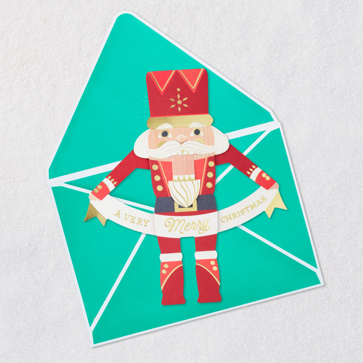 Red and Gold Moveable Nutcracker Christmas Card Open card with envelope image number 3
