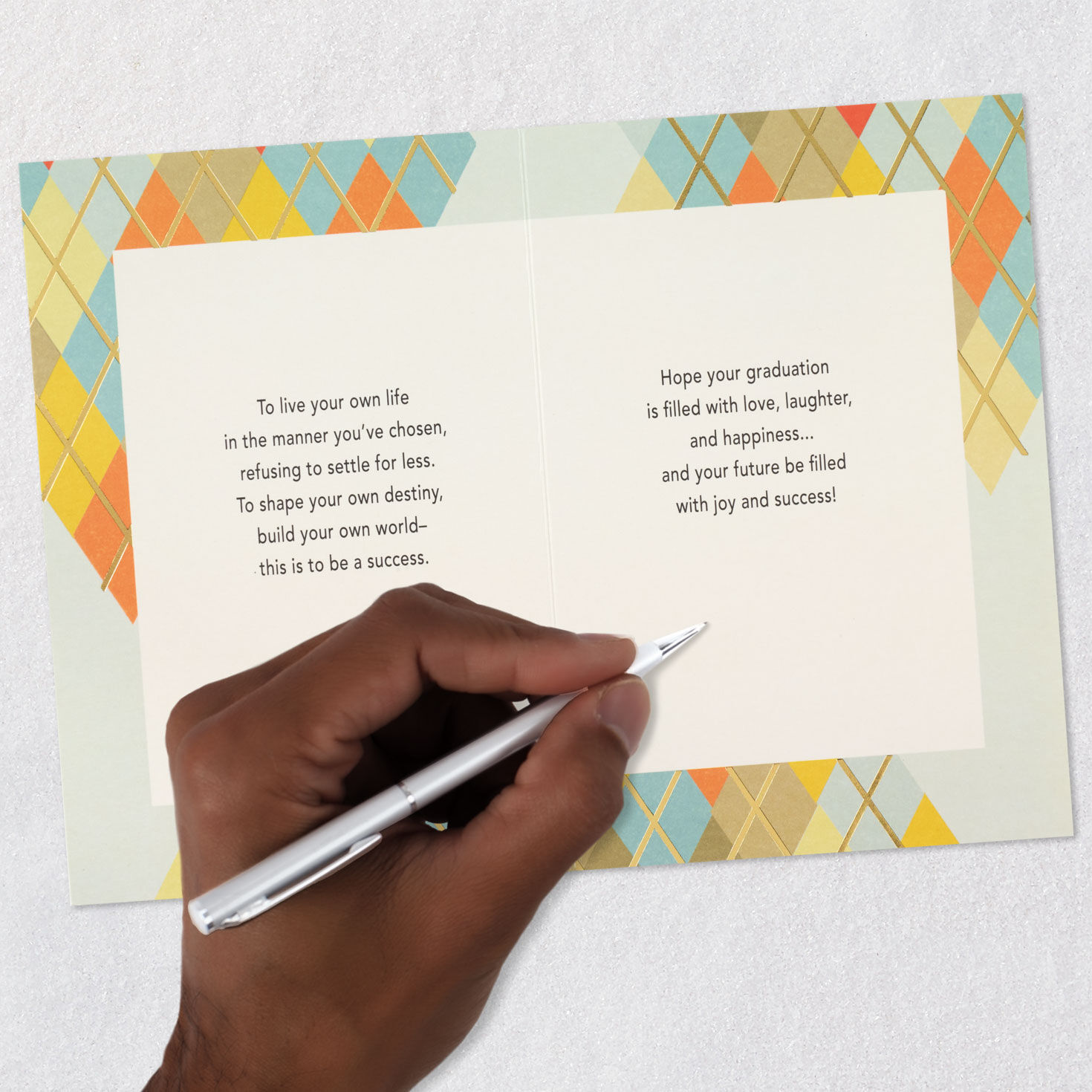 Orange, Blue and Tan Argyle Plaid High School Grad Card Signing card image number 7