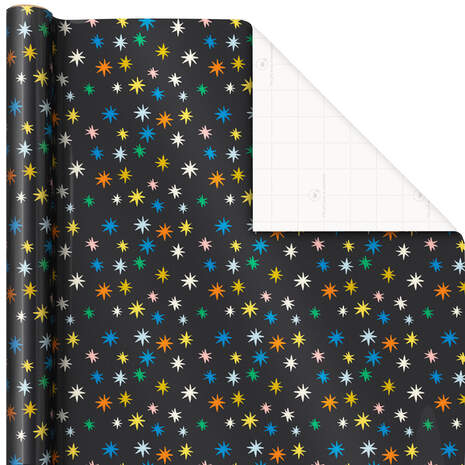 Colorful Stars on Black Wrapping Paper, 20 sq. ft., , large