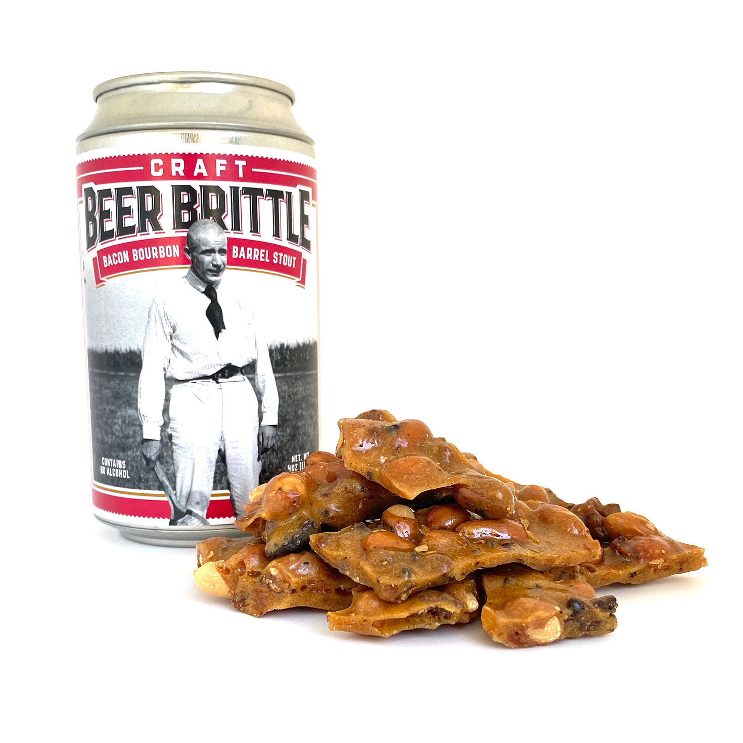 Bevs & Bites Bacon Bourbon Beer Brittle in Can, 4 oz. Candy