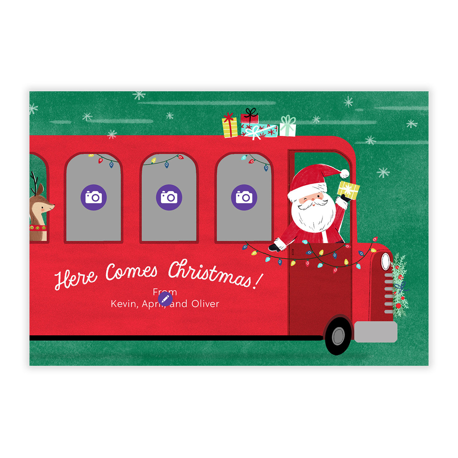 Santa Driving Bus Personalized Christmas Photo Card Card Front indicating personalization image number 5