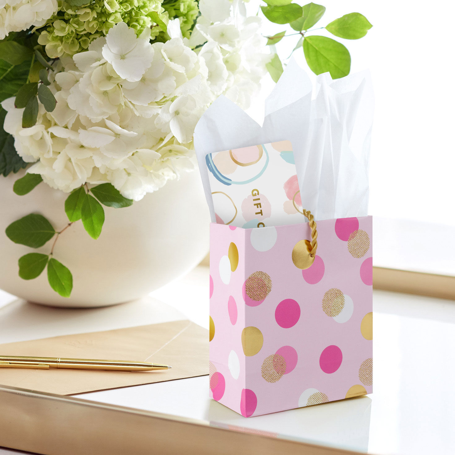 Gold and Pink Polka Dots Mini Bag for Gift Cards in use image number 2