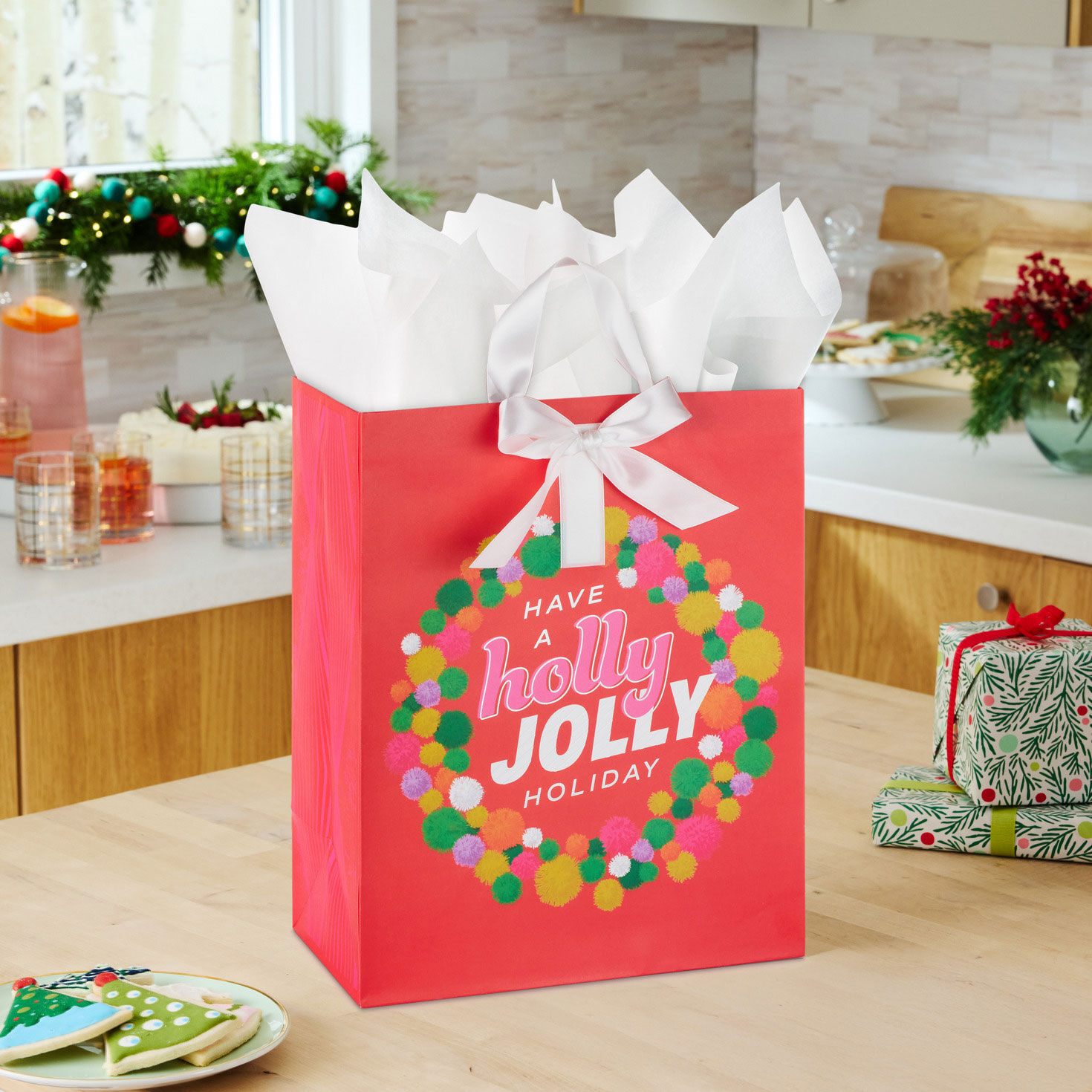 Holly Jolly Wreath on Red Large Holiday Gift Bag in use image number 2