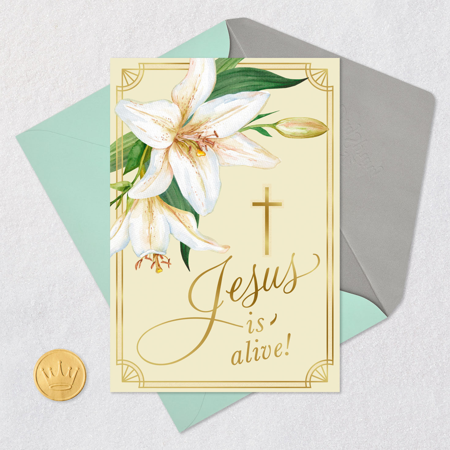 White Lilies on Yellow Religious Easter Card Card Front with Envelope and Gold Seal image number 7