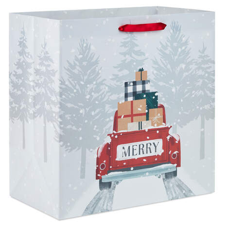 15" Red Truck Hauling Presents Extra-Deep Christmas Gift Bag, , large