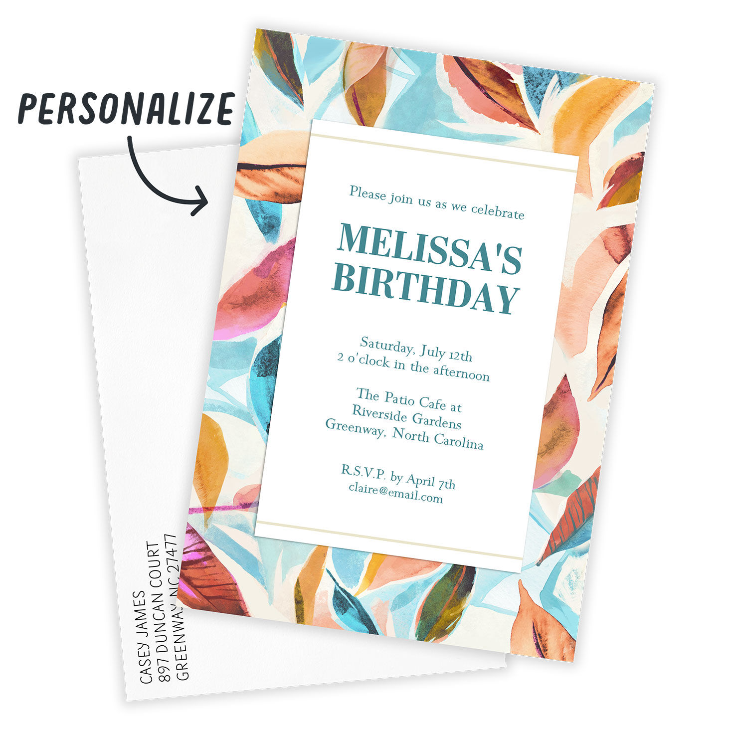 Colorful Leaves Personalized Party Invitation Card Front indicating personalization image number 2