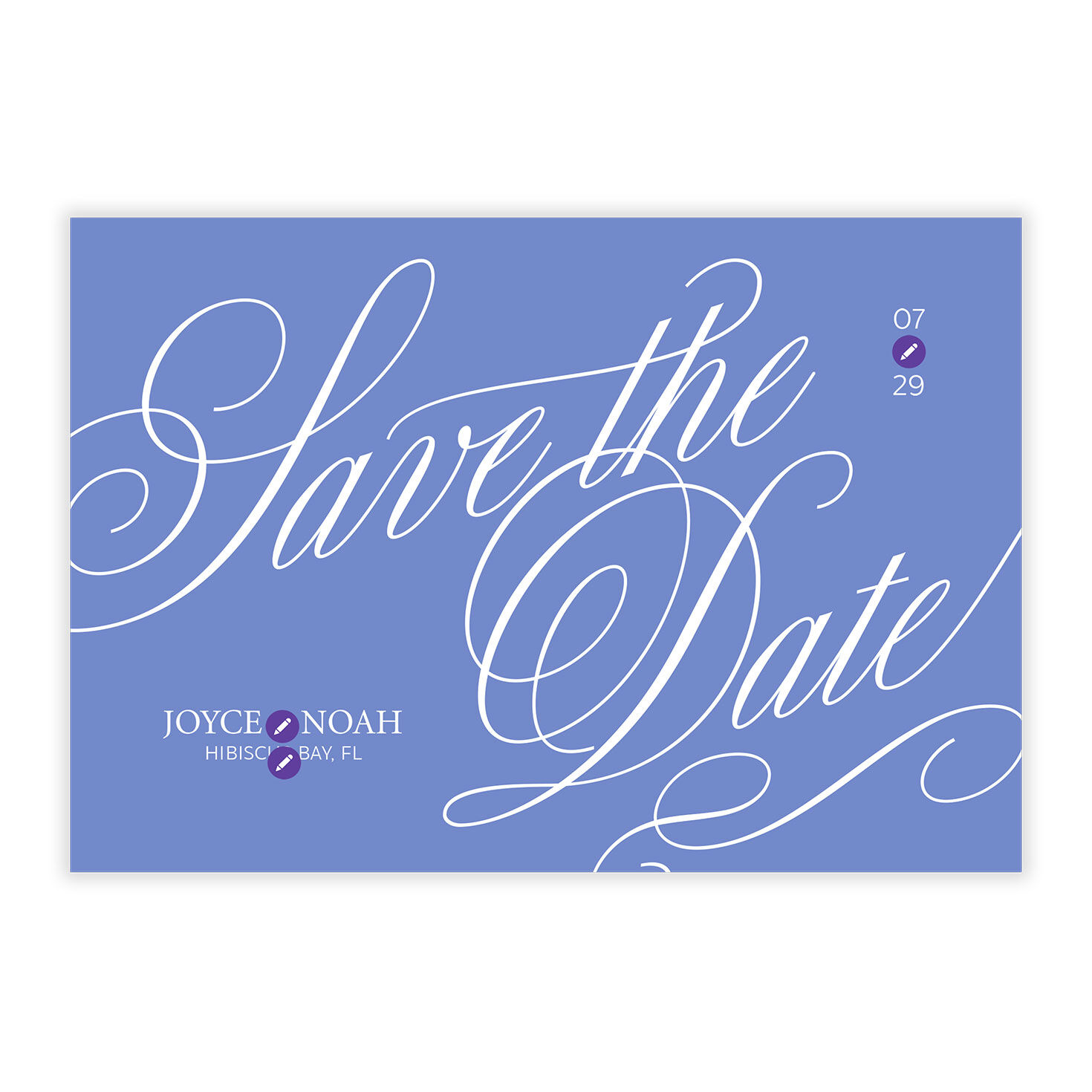 Blue Calligraphy Personalized Save the Date Card Card Front indicating personalization image number 5