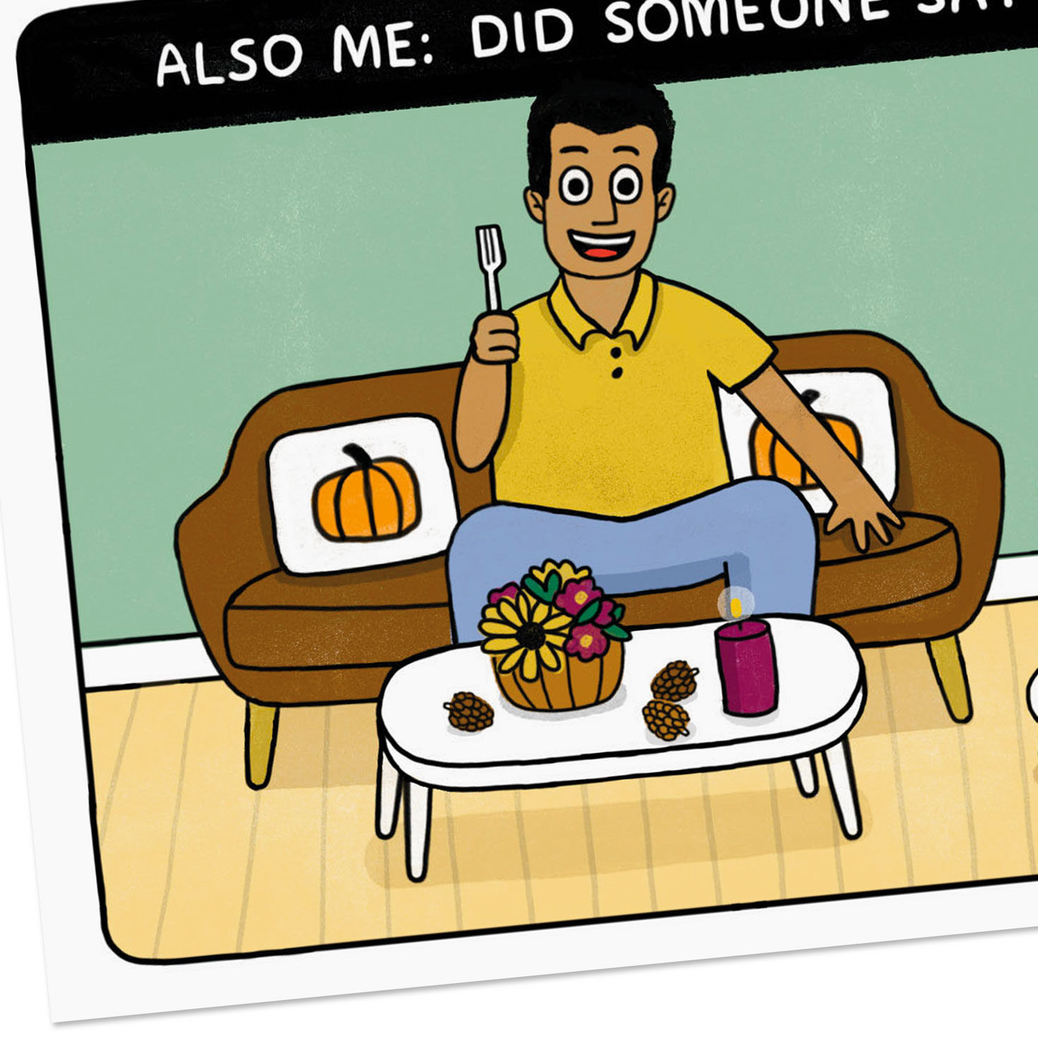 Cartoon Guy on Couch Funny Thanksgiving Card Card Front Detail image number 4