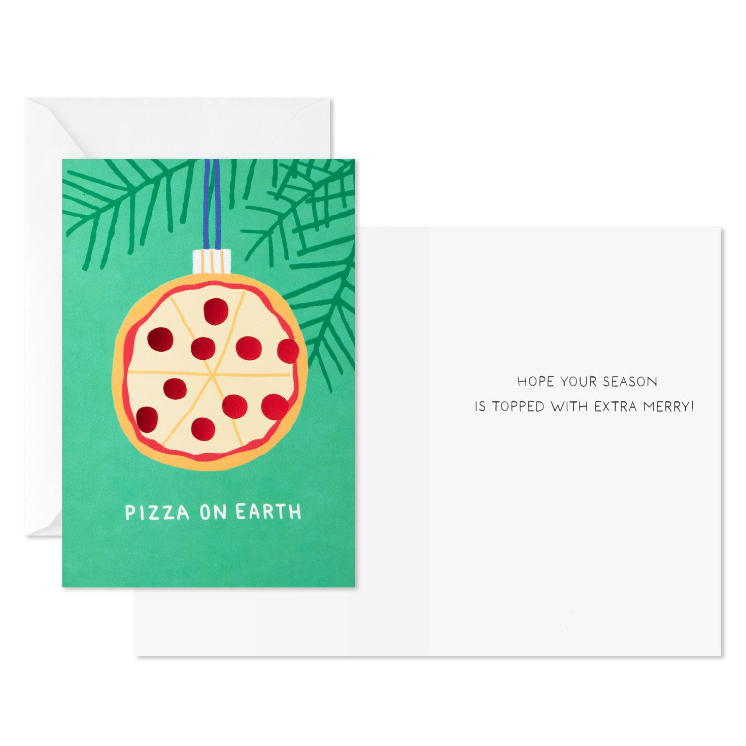 Pizza Ornament on Green Christmas Cards Card Front with Sentiment image number 3