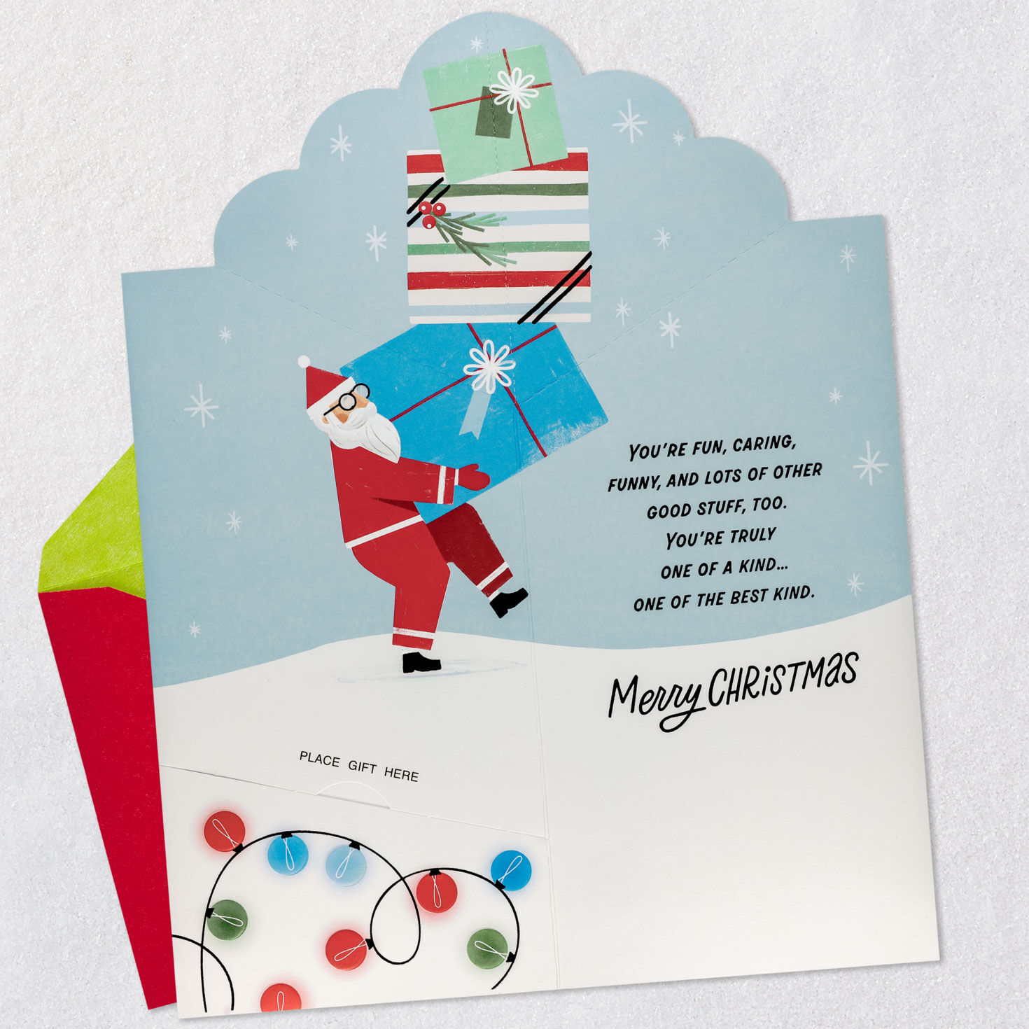 Santa Caught in Lights Christmas Card for Grandson Open card with envelope image number 2