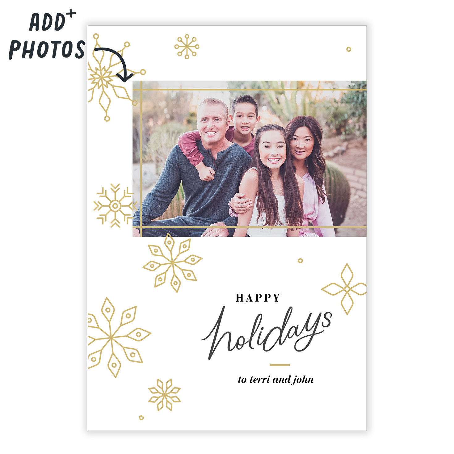 Gold Snowflakes Personalized Holiday Photo Card Card Front indicating personalization image number 2