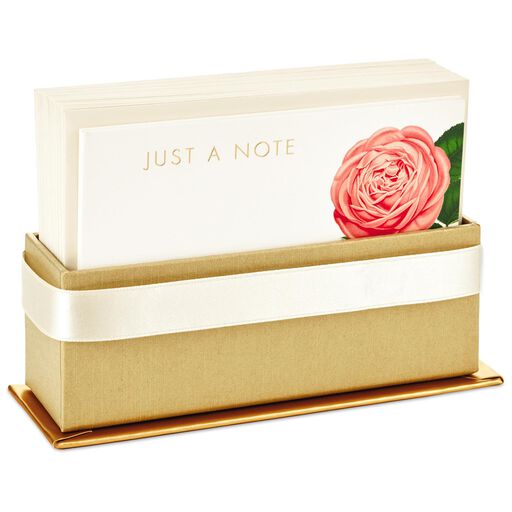 Cream and Pink Roses Blank Flat Note Cards With Caddy, Box of 40, 