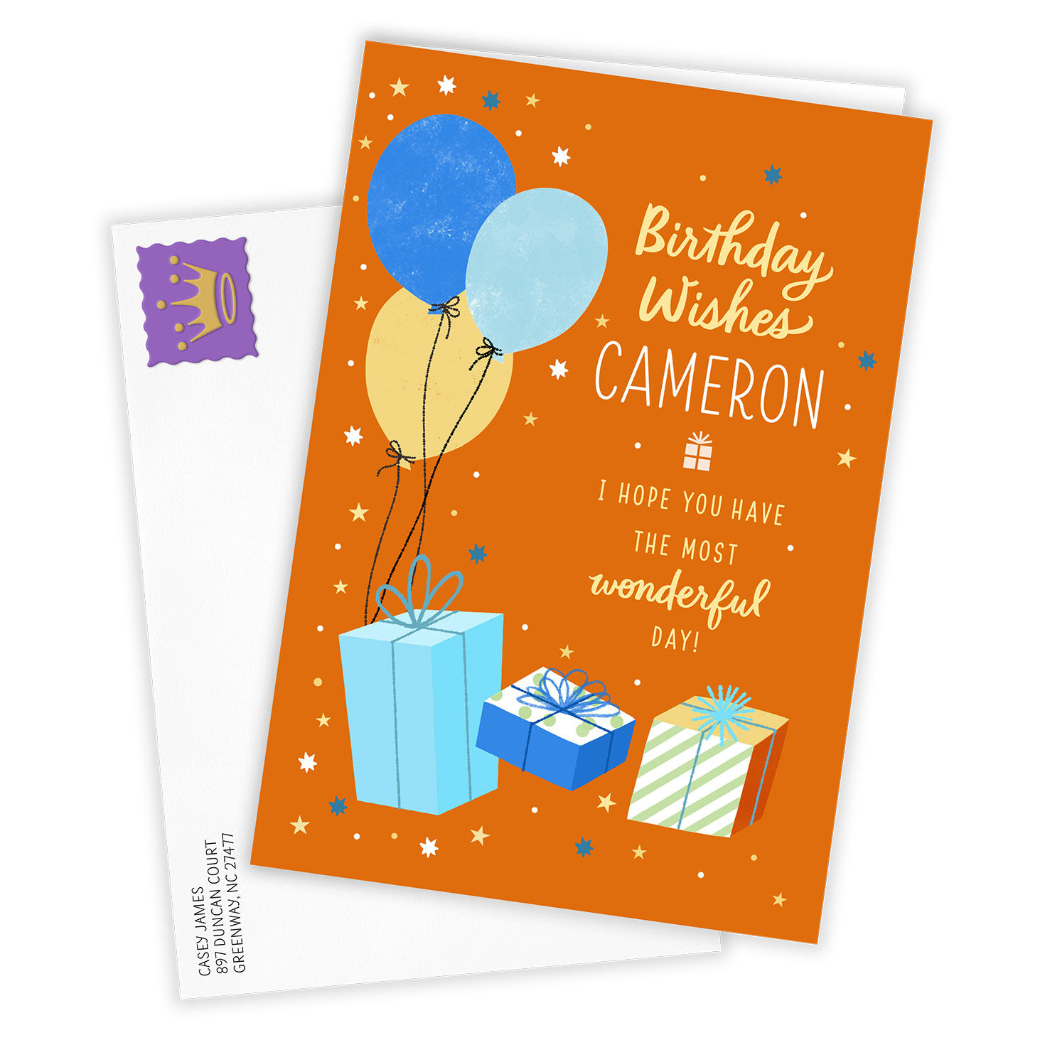 Balloons Gifts on Orange Personalized Birthday Card Card Front with Envelope image number 2