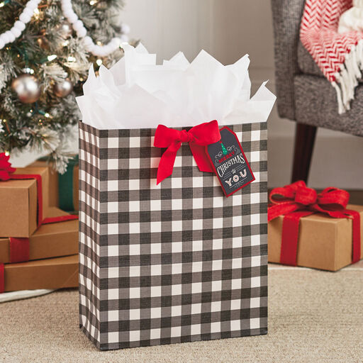 15.5" Buffalo Check Extra-Large Christmas Gift Bag With Tissue Paper, 
